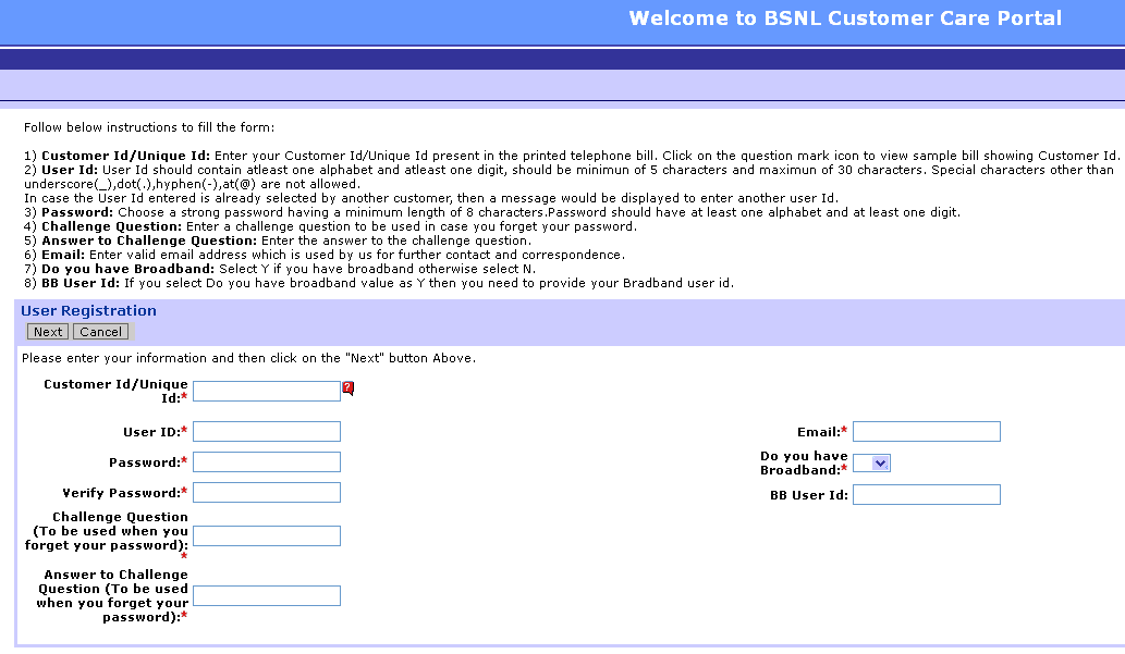 BSNL Selfcare portal User Registration Step Process