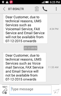 BSNL to shutdown Unified Messaging Services such as Voice Mail Service, FAX Service and Email Service from 7th December 2015 onwards