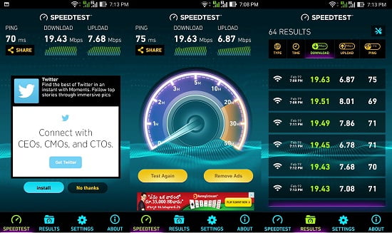 BSNL Wi-Fi Hot Spot Speed Test Results