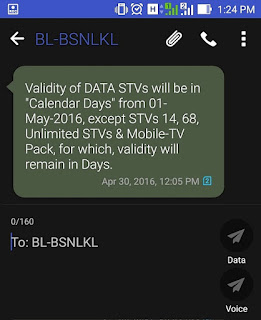 BSNL revised validity of all existing 3G/2G Prepaid Data STVs from Days to Calendar Days on PAN India basis from 1st May 2016