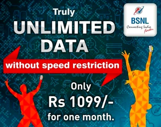 BSNL cuts mobile data rate with benefits increased by 100%, Lanuches TRUE Unlimited 3G data pack @ 1099 from 25th August 2016