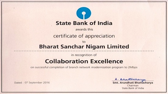 State Bank of India (SBI) awarded certificate of excellence to BSNL