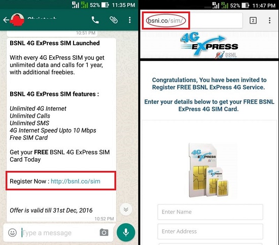 Customer Alert: 'BSNL 4G Express SIM launched with One year free 4G data, voice calls and SMS' is spam