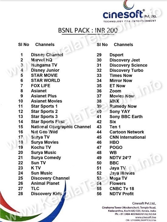 BSNL IPTV Channel List - BSNL Pack Rs 200