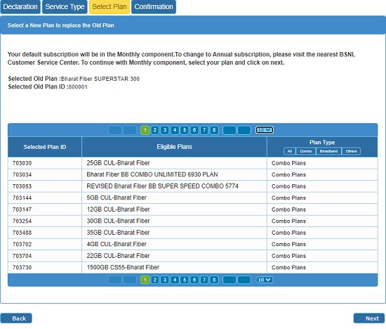 How to change BSNL Bharat Fiber plans to new FTTH Broadband plans online via BSNL Selfcare Portal?