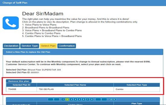 How to change BSNL Bharat Fiber plans to new FTTH Broadband plans online via BSNL Selfcare Portal?