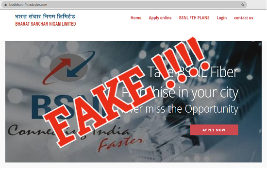 Fraudulent Website Notification : BSNL Bharat Fiber / Bharat Air Fiber Dealership registration scam through fake websites
