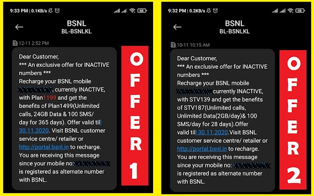 BSNL Recharge Offers ₹139 & ₹1199 for Inactive numbers; How to activate special offers on BSNL prepaid mobile number in GP2 ?