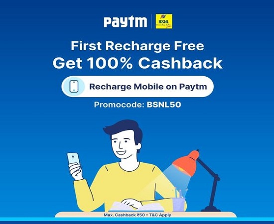 BSNL customers can get 100% cash back on their First Recharge through Paytm