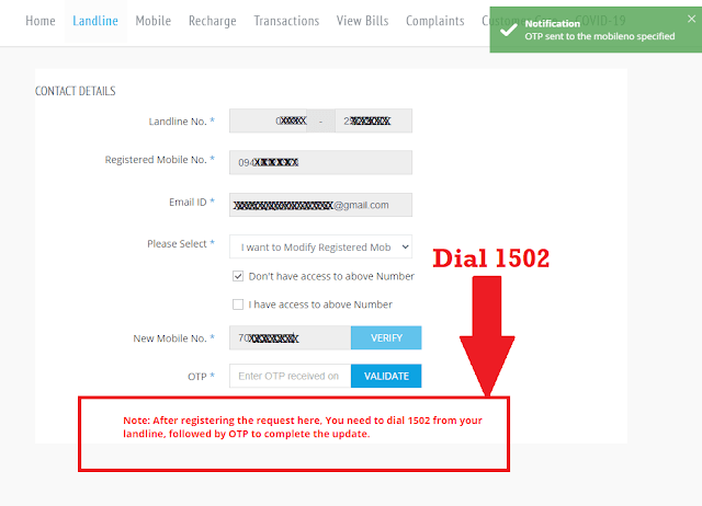 Update contact mobile number and Email ID of BSNL Telephone & Broadband Internet Connection Online